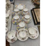 A COLLECTION OF TEAWARES TO INCLUDE COALPORT FLORAL CUPS AND SAUCERS ETC