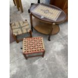 A MID 20TH CENTURY OVAL TWO TIER TROLLEY AND TWO SMALL WICKET SEATED STOOLS