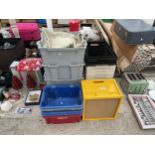 AN ASSORTMENT OF PLASTIC STORAGE BOXES