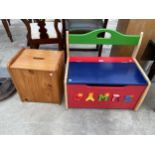 A CHILDS GAMES SETTLE AND PINE BOX/STOOL