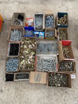 A LARGE ASSORTMENT OF HARDWARE TO INCLUDE BOLTS AND SCREWS ETC
