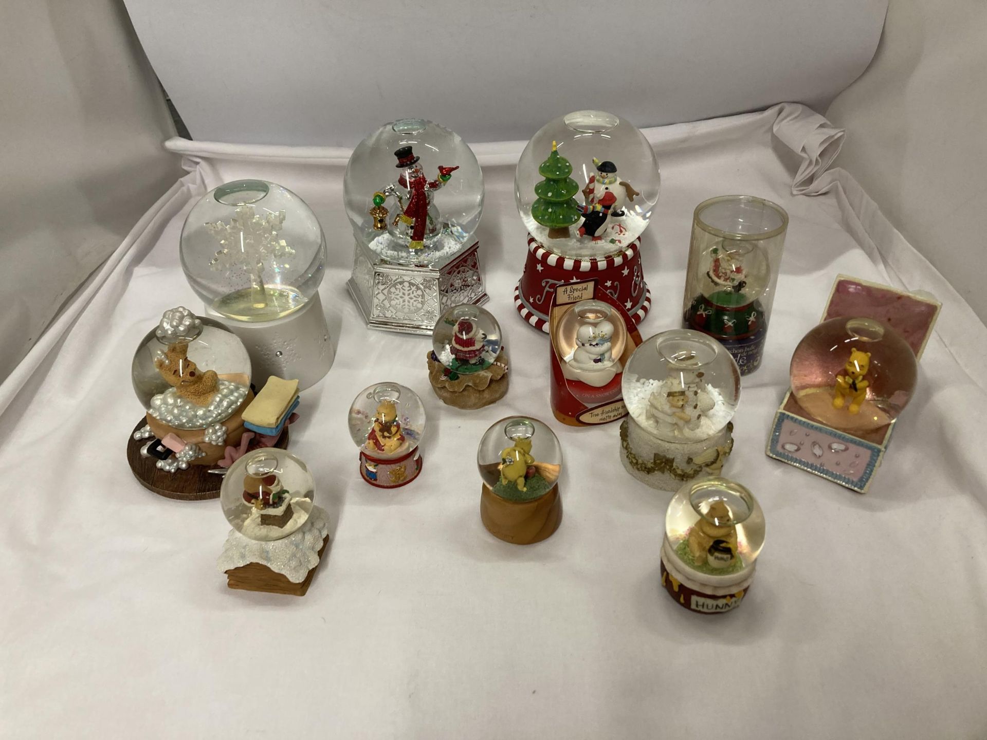 A COLLECTION OF SNOW GLOBES TO INCLUDE WINNIE THE POOH - 13 IN TOTAL