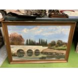 A LARGE OIL ON CANVAS OF A RIVER AND BRIDGE SCENE, SIGNED P F TUNSTALL, 101CM X 71CM