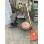 AN ASSORTMENT OF TOOLS TO INCLUDE SHOVELS, FORKS AND A COPPER BED PAN ETC