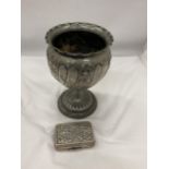 TWO ITEMS - A PEWTER PEDESTAL VASE AND A SILVER PLATED CIGARETTE CASE