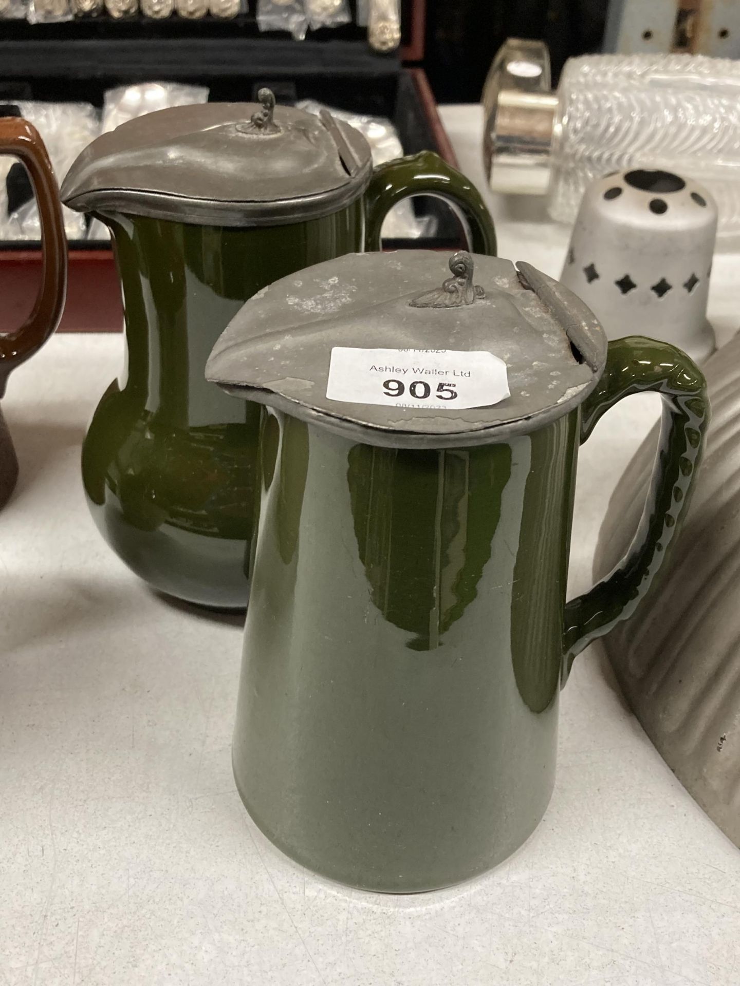 FOUR VINTAGE STONEWARE JUGS WITH PEWTER LIDS - Image 3 of 3