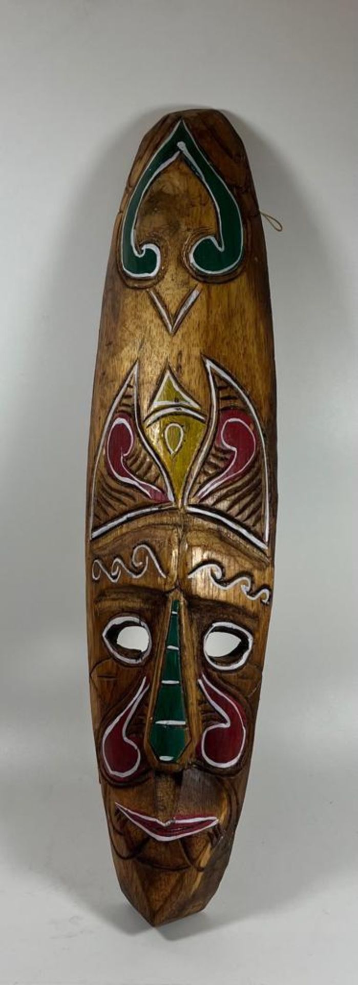 A LARGE VINTAGE AFRICAN PAINTED WOODEN TRIBAL MASK, LENGTH 49 CM
