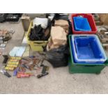 A LARGE ASSORTMENT OF ITEMS TO INCLUDE STORAGE BOXES, ENVELOPES AND TOOLS ETC