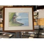 A QUALITY WATERCOLOUR 'THE COASTAL VILLAGE', SIGNED DOROTHY BAUER, 44CM X 37CM