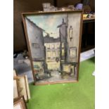 A VINTAGE FRENCH ABSTRACT TOWN SCENE OIL PAINTING, INDISTINCTLY SIGNED