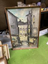 A VINTAGE FRENCH ABSTRACT TOWN SCENE OIL PAINTING, INDISTINCTLY SIGNED