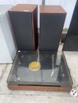 A BANG AND OULFSEN BEOGRAM 1500 RECORD PLAYER AND A PAIR OF WOODEN CASED BEOVOX 1200 SPEAKERS