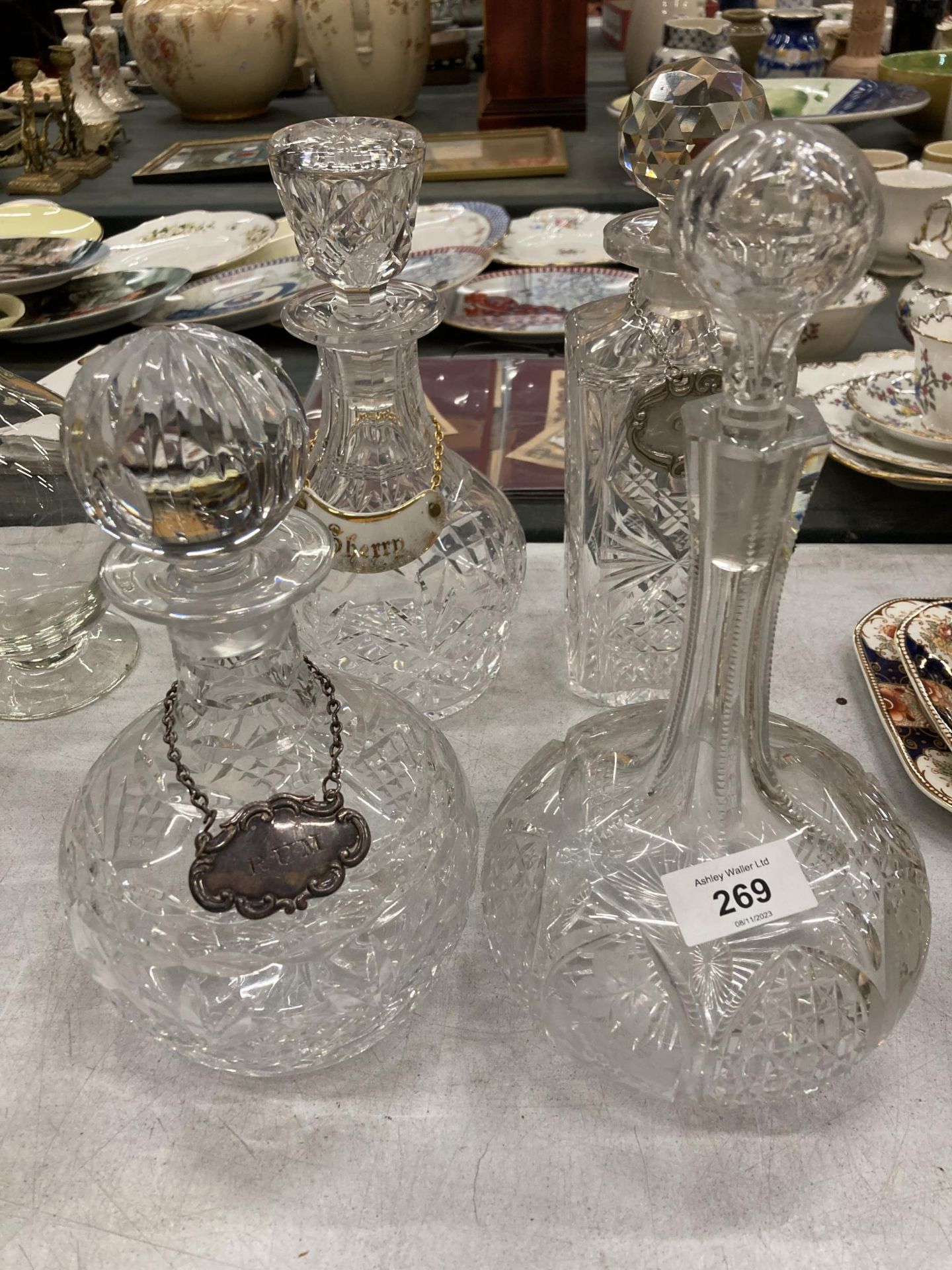 FOUR VINTAGE CUT GLASS DECANTERS WITH THREE DECANTER LABELS - TWO BEING SILVER PLATE - Image 3 of 3