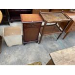 AN OAK TEA TROLLEY, A SMALL MAHOGANY CABINET AND A SMALL LINEN BOX