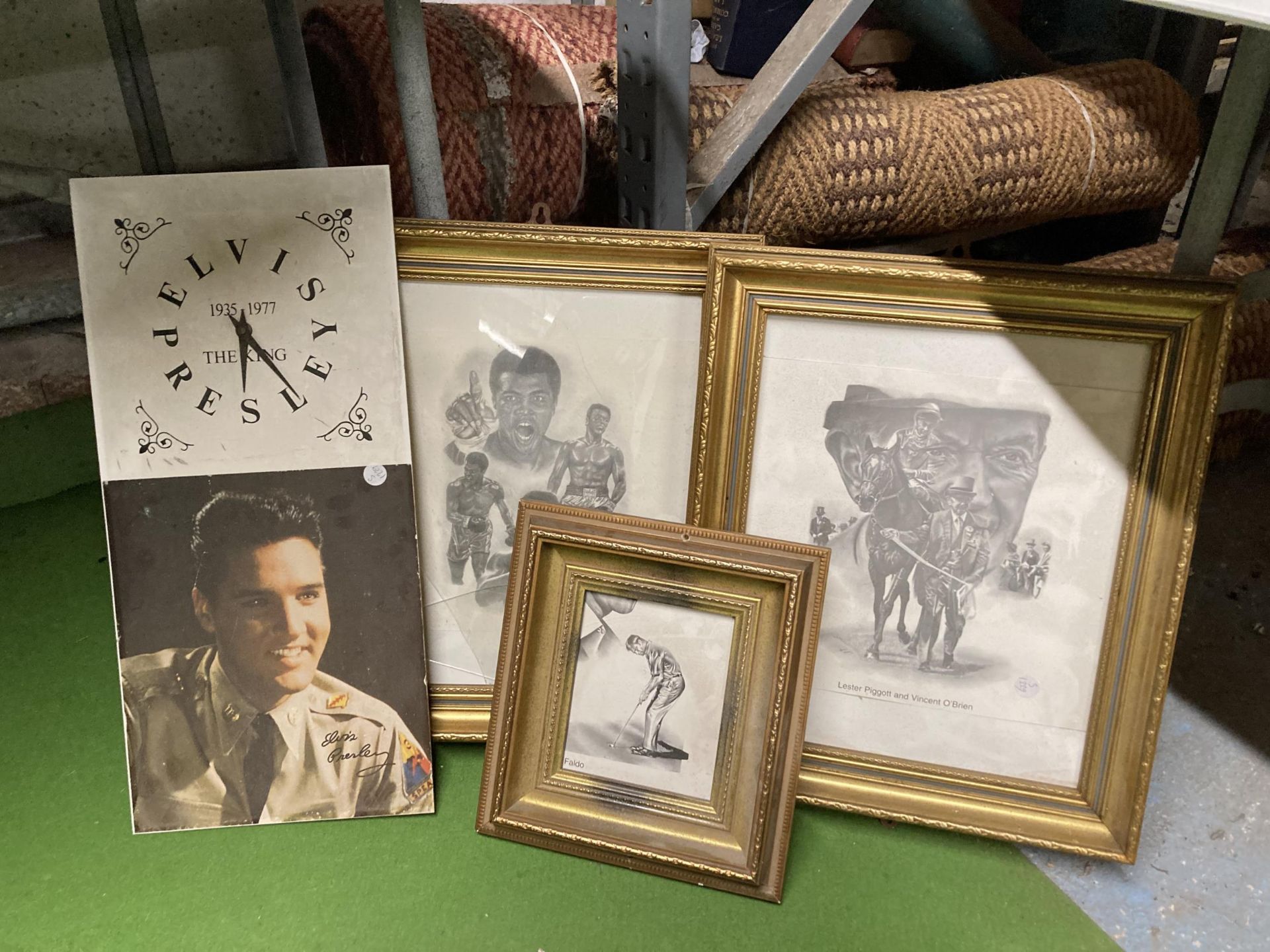 A FRAMED MONTAGE PRINT OF MUHAMMAD ALI, LESTER PIGGOTT AND VINCENT O'BRIEN AND AN ELVIS PRESLEY WALL