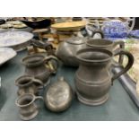 A COLLECTION OF 19TH CENTURY AND FURTHER PEWTER TANKARDS, FURTHER IRON ETC