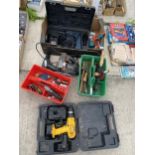 AN ASSORTMENT OF TOOLS TO INCLUDE A BRACE DRILL, AN AEG BATTERY DRILL AND A WICKES JIGSAW ETC