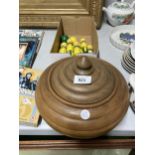 A LARGE WOODEN BOWL WITH LID PLUS A SET OF CLOWN SKITTLES AND BALLS