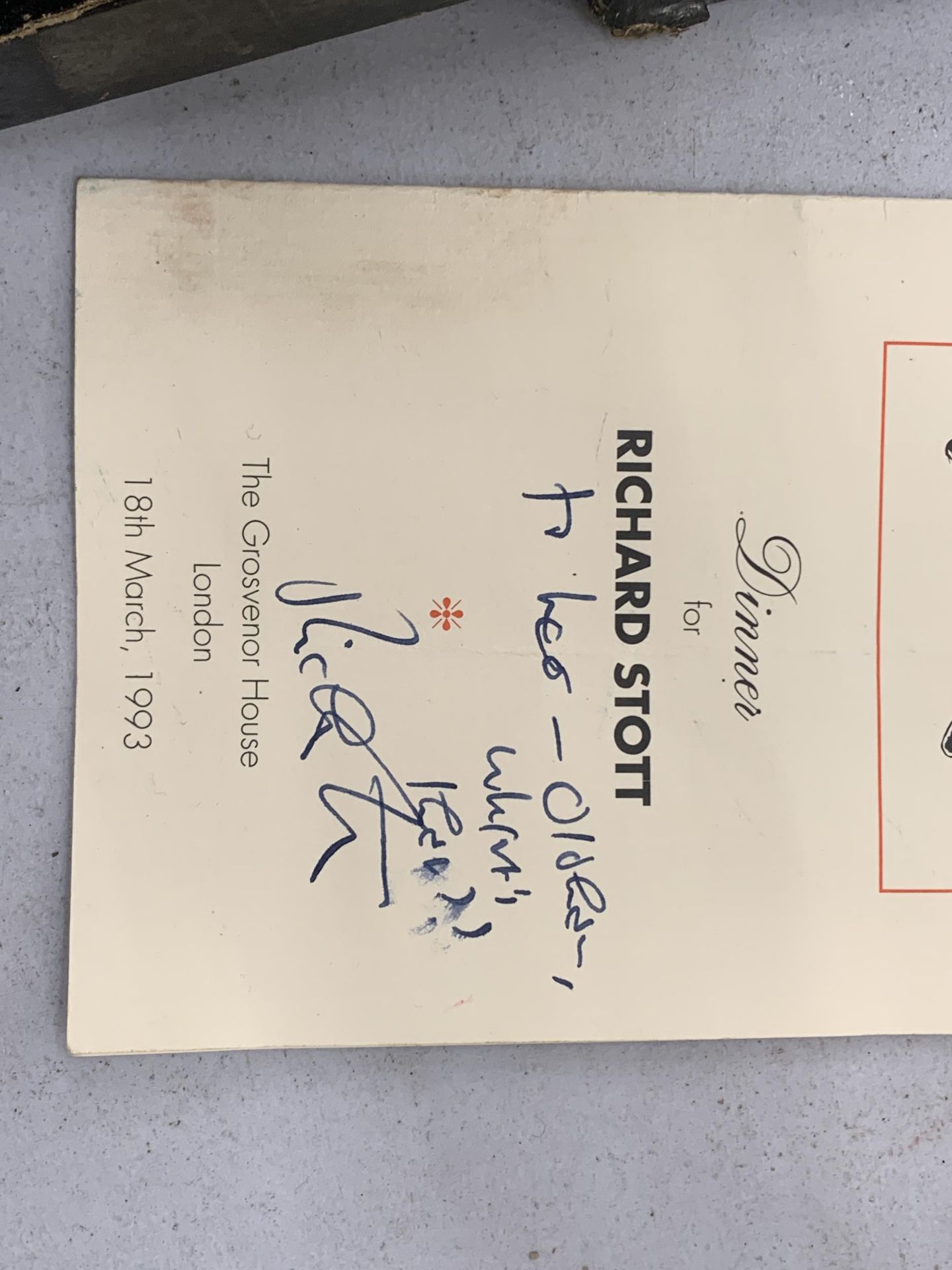 A SIGNED RICHARD STOTT DINNER MENU, GROSVENOR HOUSE, LONDON - Image 2 of 4