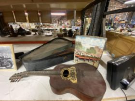 A VINTAGE CASED VIOLIN, ACOUSTIC NEOPOLITAN GUITAR AND VINTAGE CORONATION TIN