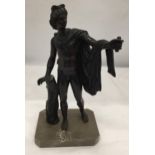 A BRONZE FIGURE OF A MALE ON A MARBLE BASE