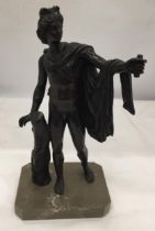 A BRONZE FIGURE OF A MALE ON A MARBLE BASE