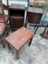 A MAHOGANY POT CUPBOARD, OAK POT CUPBOARD AND HARDWOOD LAMP TABLE