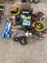 A LARGE ASSORTMENT OF TOOLS AND HARDWARE TO INCLUDE DRILLS, ELECTRIC TESTERS AND SOCKETS ETC