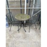 A BISTRO SET COMPRISING OF A ROUND TILE TOP TABLE AND TWO METAL CHAIRS