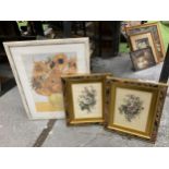 THREE FRAMED PRINTS - PAIR OF GILT FRAMED EXAMPLES AND A LARGER VAN GOGH SUNFLOWERS PRINT