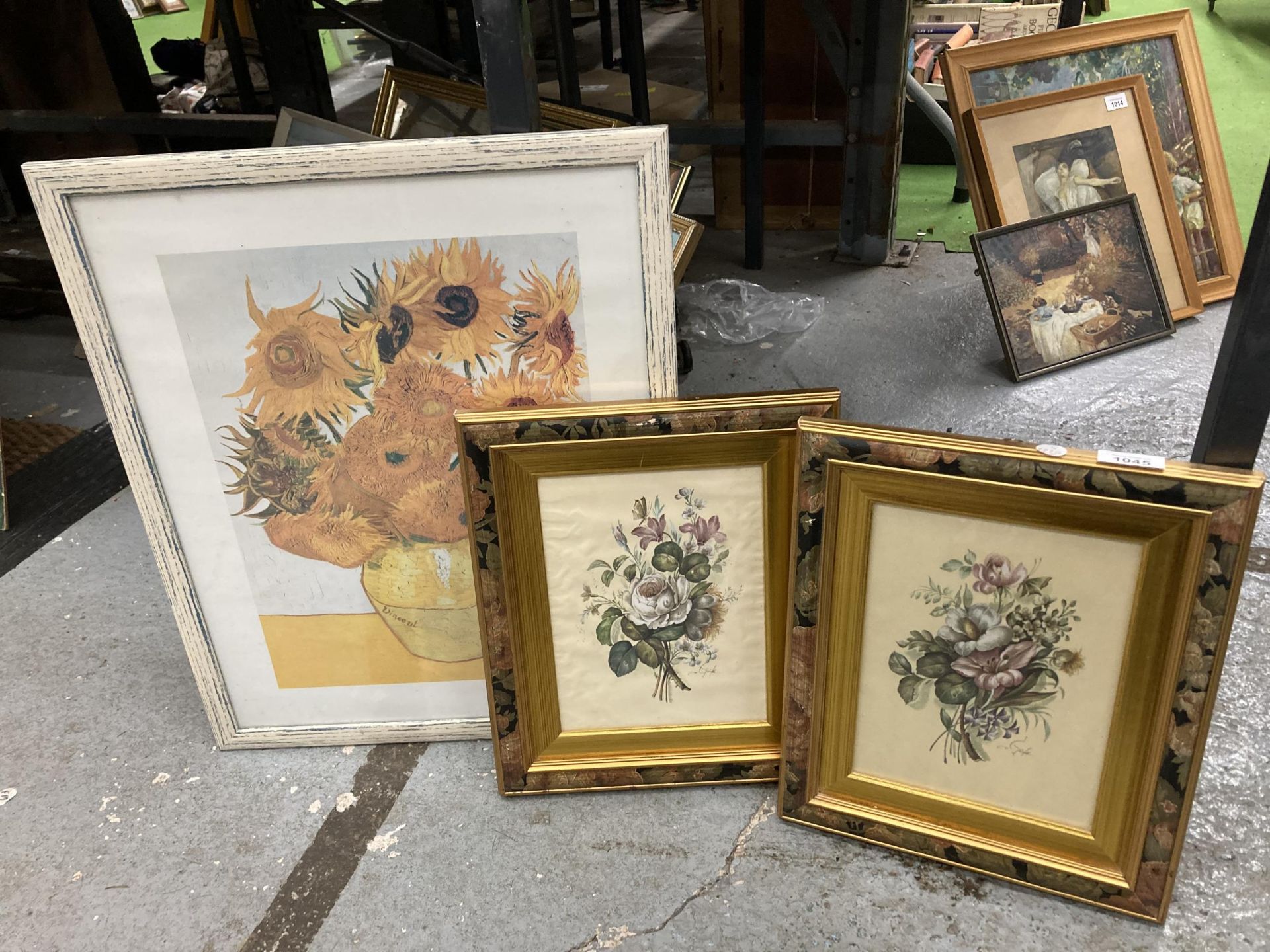 THREE FRAMED PRINTS - PAIR OF GILT FRAMED EXAMPLES AND A LARGER VAN GOGH SUNFLOWERS PRINT