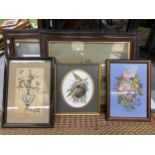 A GROUP OF FRAMED PRINTS TO INCLUDE TOWN SCENES, EMBROIDERY, BIRDS ETC