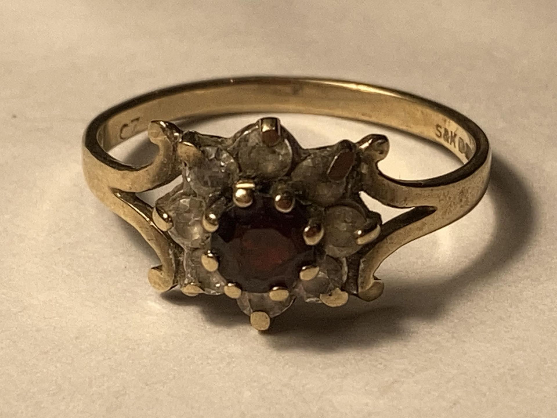 A 9 CARAT GOLD RING WITH CENTRE GARNET SURROUNDED BY CUBIC ZIRCONIAS SIZE L