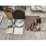 AN ASSORTMENT OF ITEMS TO INCLUDE A CLOCK, A BRASS FIGURE AND BRUSHES ETC