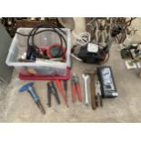 AN ASSORTMENT OF TOOLS TO INCLUDE A PUMP, PLIERS AND AN EXTENSION LEAD ETC