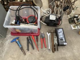 AN ASSORTMENT OF TOOLS TO INCLUDE A PUMP, PLIERS AND AN EXTENSION LEAD ETC