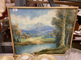 AN OIL ON CANVAS OF A RIVER AND COUNTRY SCENE