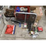A LARGE ASSORTMENT OF ITEMS TO INCLUDE A CAR GRILL, OILS AND PIPE FITTINGS ETC