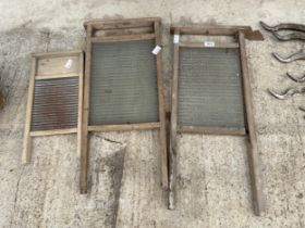 THREE VINTAGE WOODEN AND GLASS WASH BOARDS