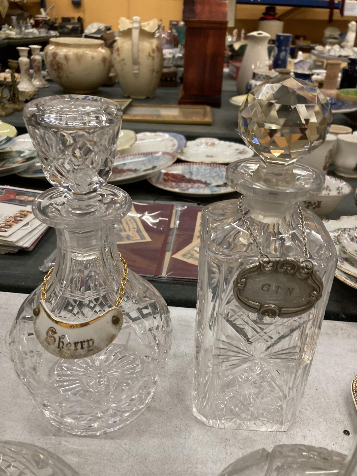 FOUR VINTAGE CUT GLASS DECANTERS WITH THREE DECANTER LABELS - TWO BEING SILVER PLATE - Image 2 of 3