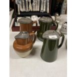 FOUR VINTAGE STONEWARE JUGS WITH PEWTER LIDS