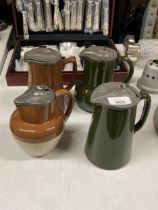 FOUR VINTAGE STONEWARE JUGS WITH PEWTER LIDS