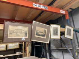 A GROUP OF FOUR FRAMED PICTURES TO INCLUDE PAIR OF CATHEDRAL ENGRAVINGS IN GILT FRAMES