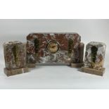 AN ART DECO FRENCH MARBLE CLOCK GARNITURE SET WITH BRASS DESIGN, CLOCK 10 X 30 CM