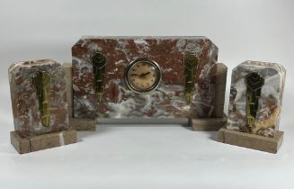 AN ART DECO FRENCH MARBLE CLOCK GARNITURE SET WITH BRASS DESIGN, CLOCK 10 X 30 CM