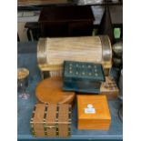A QUANTITY OF WOODEN BOXES TO INCLUDE A DOME TOPPED CHEST, A CABINET WITH DRAWERS, TRINKET BOXES,