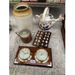 AN ASSORTMENT OF ITEMS TO INCLUDE A STONEWARE POT, CERAMIC THIMBLES AND A CLOCK ETC