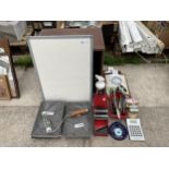 AN ASSORTMENT OF HARDWARE TO INCLUDE DRILL BITS, PAINT ROLLERS AND CLIP BOARDS ETC