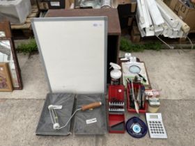 AN ASSORTMENT OF HARDWARE TO INCLUDE DRILL BITS, PAINT ROLLERS AND CLIP BOARDS ETC