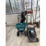 AN ASSORTMENT OF GARDEN TOOLS TO INCLUDE A GRASS SEEDER AND A HAYTER HARRIER 41 ELECTRIC LAWN